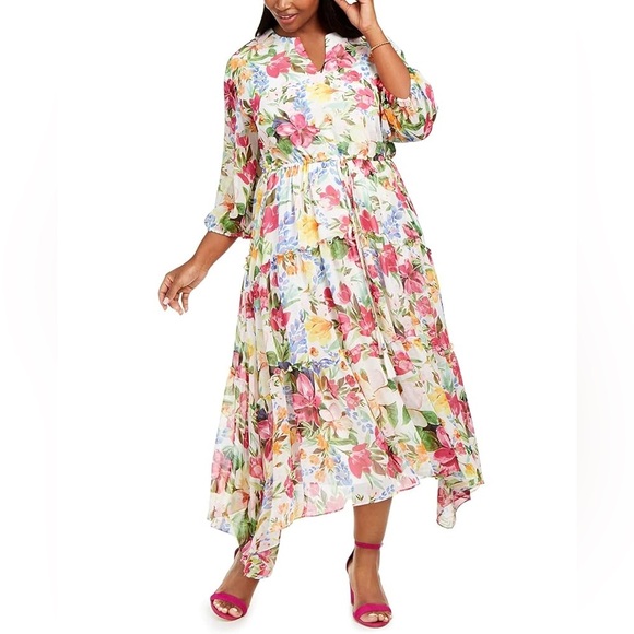Taylor Floral Print Ruffle Tiered Maxi Dress Elbow Puff Sleeve V-Neck Flowy 20W - Picture 1 of 11